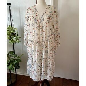 Floral Open Front Kimono Cardigan XL Boho Cottagecore Tiered Duster Prairie Fall